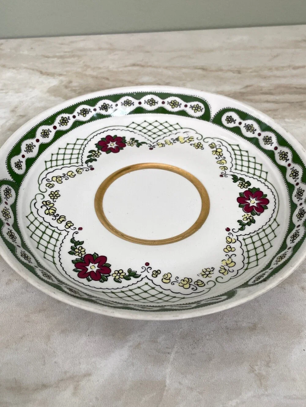 Vintage USSR Soviet Porcelain Saucer | Green Floral Gold Trim Collectible